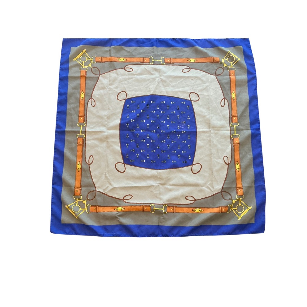 Vintage Equestrian Scarf Made in‎ Italy Blue Horse Bit Stirrup Print Old Money